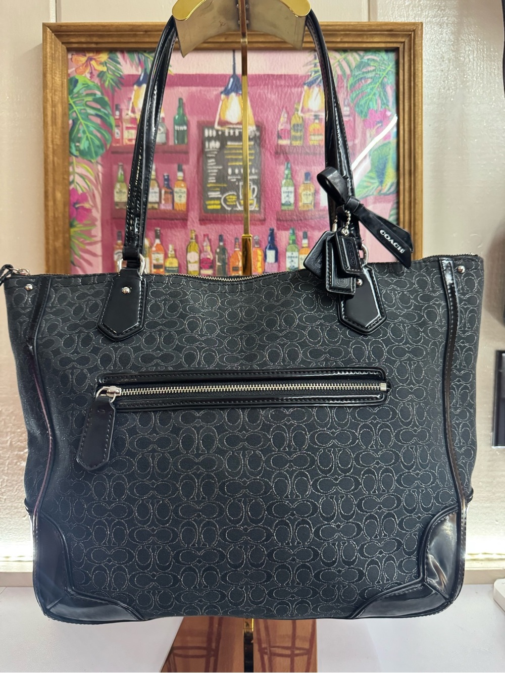 Coach Poppy Optical Signature Jacquard Tote Patent Leather Trim & 4 Hang Tags